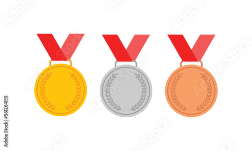 Gold, silver and bronze Victory Award Medals with red ribbon for sports apps and websites