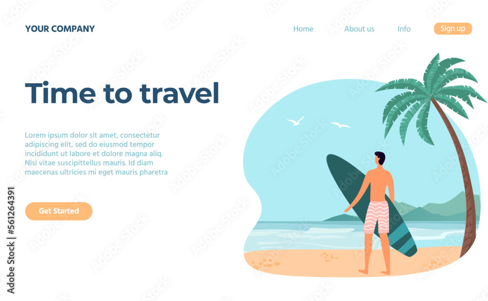 Travel concept. Male character standing on beach and holding surfboard. Man on vacation practicing extreme sport vector