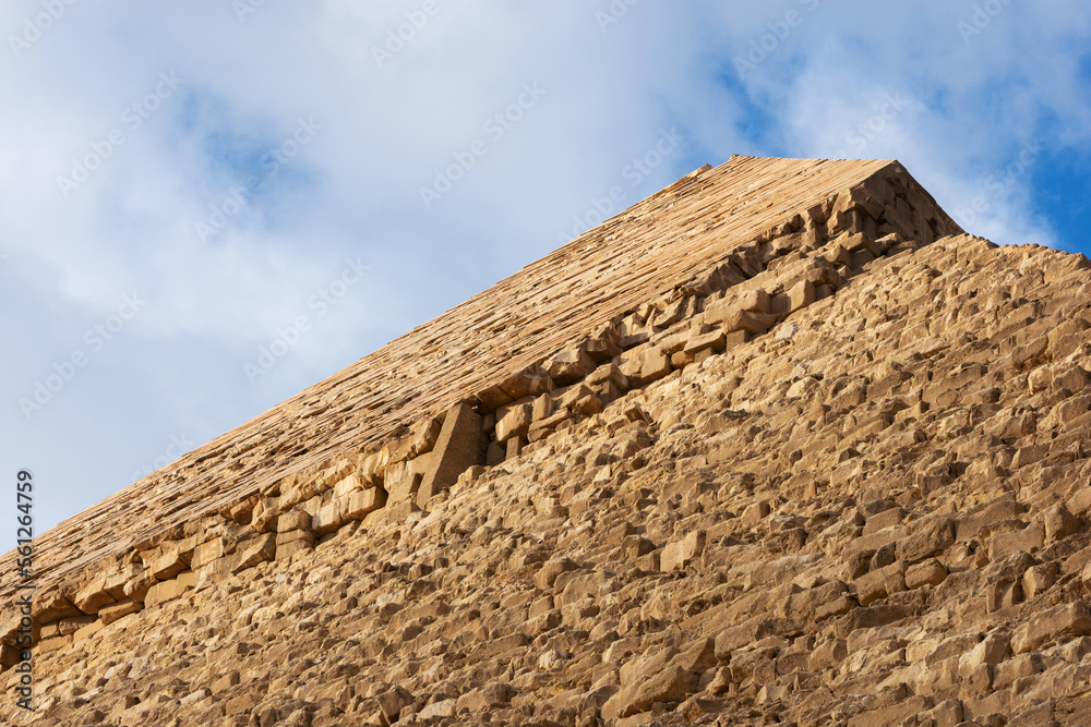 Edge of the pyramid of Khafre or of Chephren the second-tallest and second-largest of the 3 Ancient Egyptian Pyramids of Giza and the tomb of the Fourth-Dynasty pharaoh Khafre (Chefren)