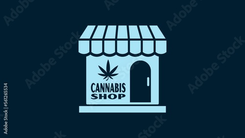 White Marijuana and cannabis store icon isolated on blue background. Equipment and accessories for smoking, storing medical cannabis. 4K Video motion graphic animation