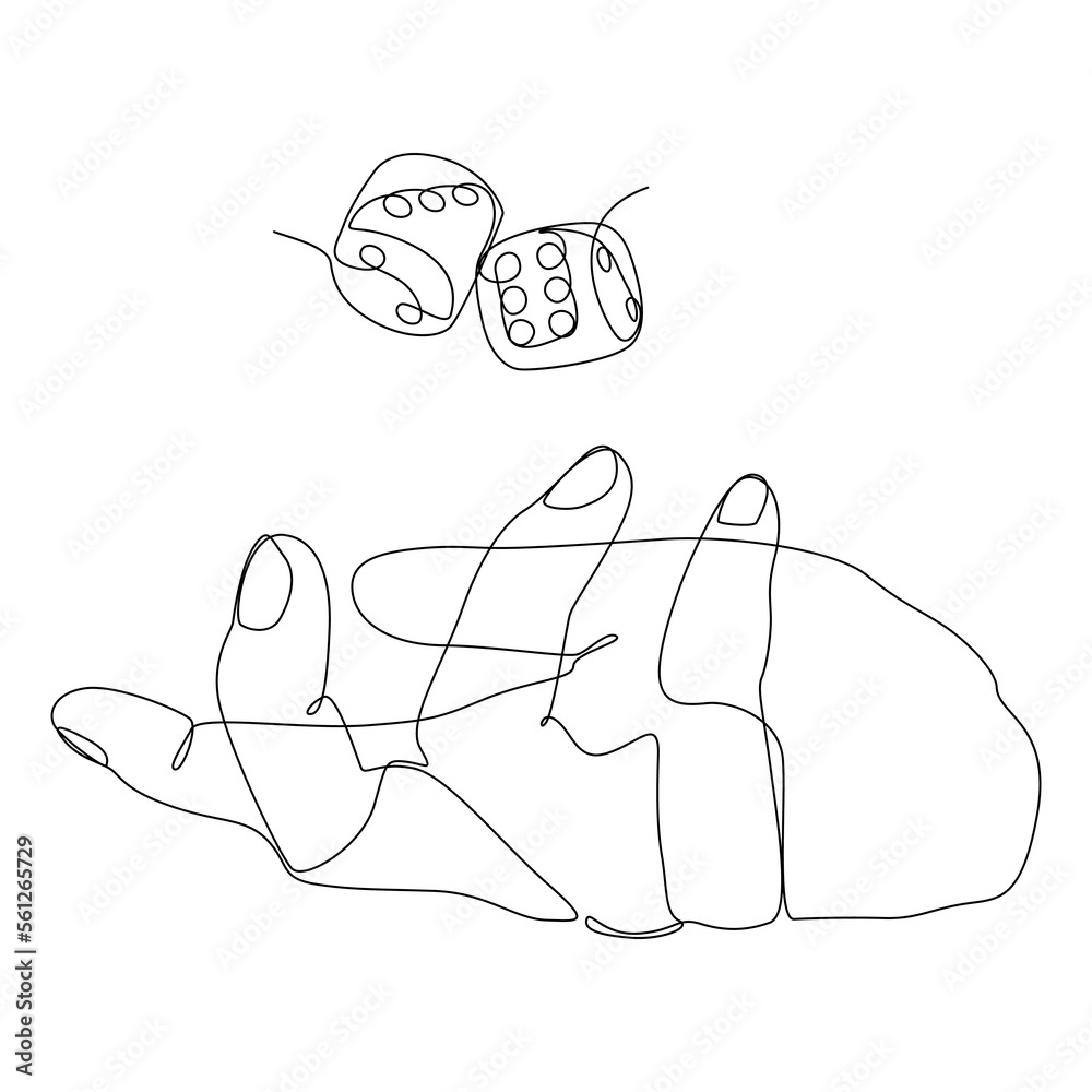 One white continuous line drawing hand throwing up dice. Thin Line