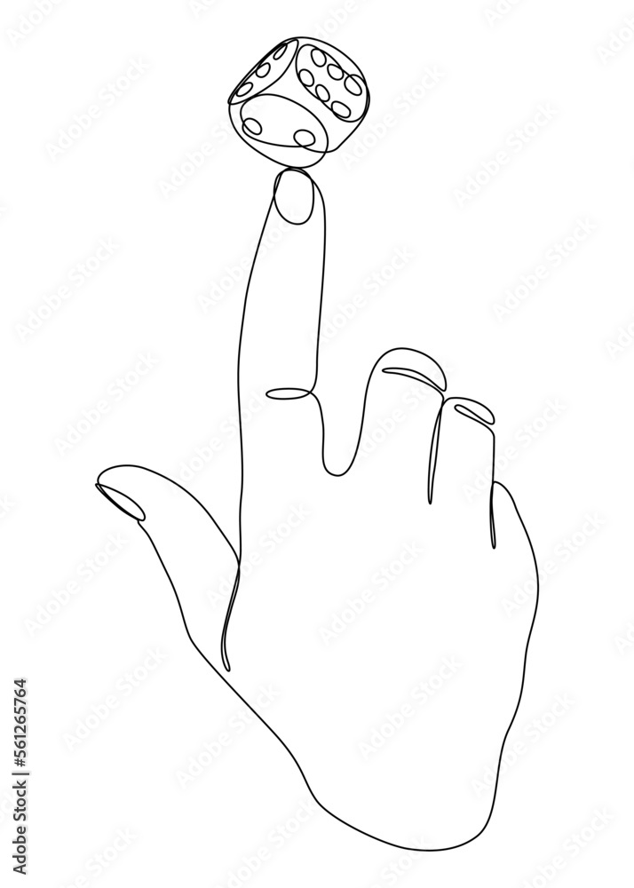 One white continuous line drawing index finger holding dice. Thin Line Illustration vector concept on black background. Contour Drawing Creative ideas.