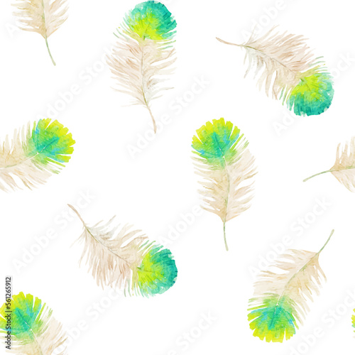 Beautiful vector autotraced seamless pattern with watercolor hand drawn green bird feathers. Stock illustration.