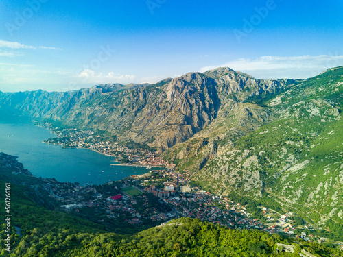 Bay of Kotor with beaches and hotels and the Adriatic Sea against the backdrop of sunny sky