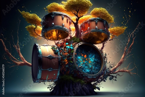 Fototapete A fantasy drum set with natural trees, music themed wallpaper, generative ai