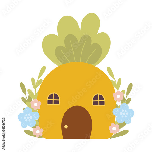Cute carrot house in scandinavian style for kids illustration, design element for spring themed invitations