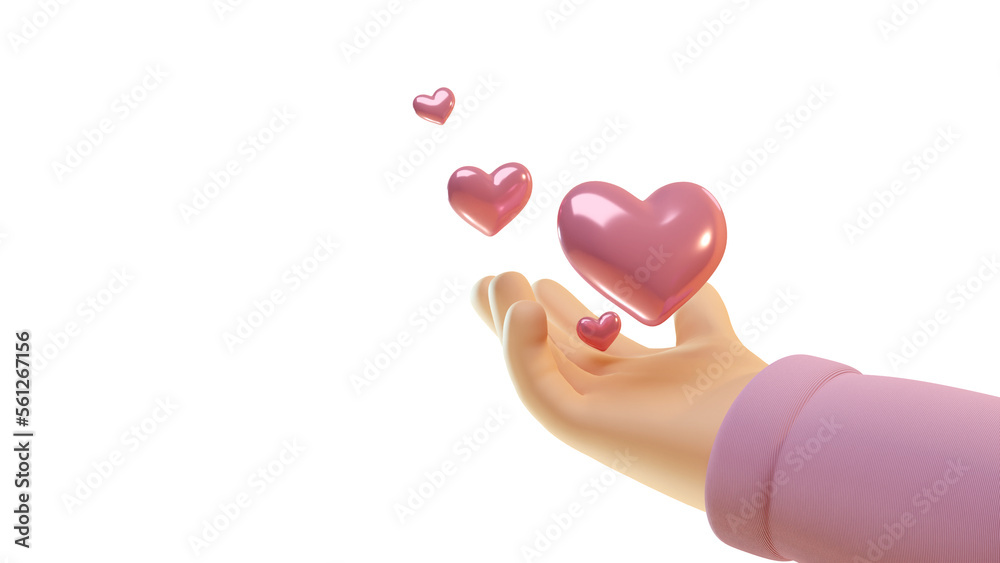Obraz premium 3d illustration cartoon hand gesture with flying love symbol