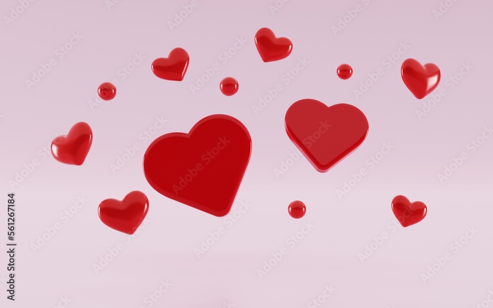 Bunch love heart symbols flying in red color. 3d love object illustration background