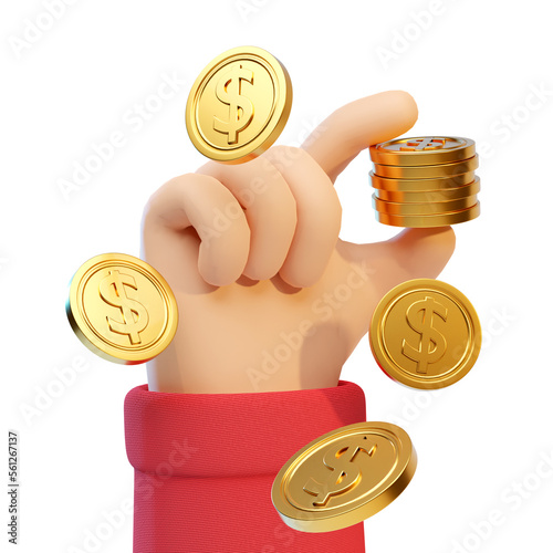 3d illustration cartoon hand gesture holding dollar coin and magnet symbol