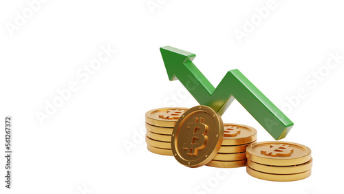 3d illustration cryptocurrency bitcoins with arrow financial graphic up and coin elements concept