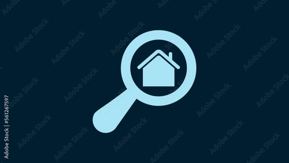 White Search house icon isolated on blue background. Real estate symbol of a house under magnifying glass. 4K Video motion graphic animation White Search house icon isolated on blue background. Real estate symbol of a house under magnifying glass. 4K Video motion graphic animation
