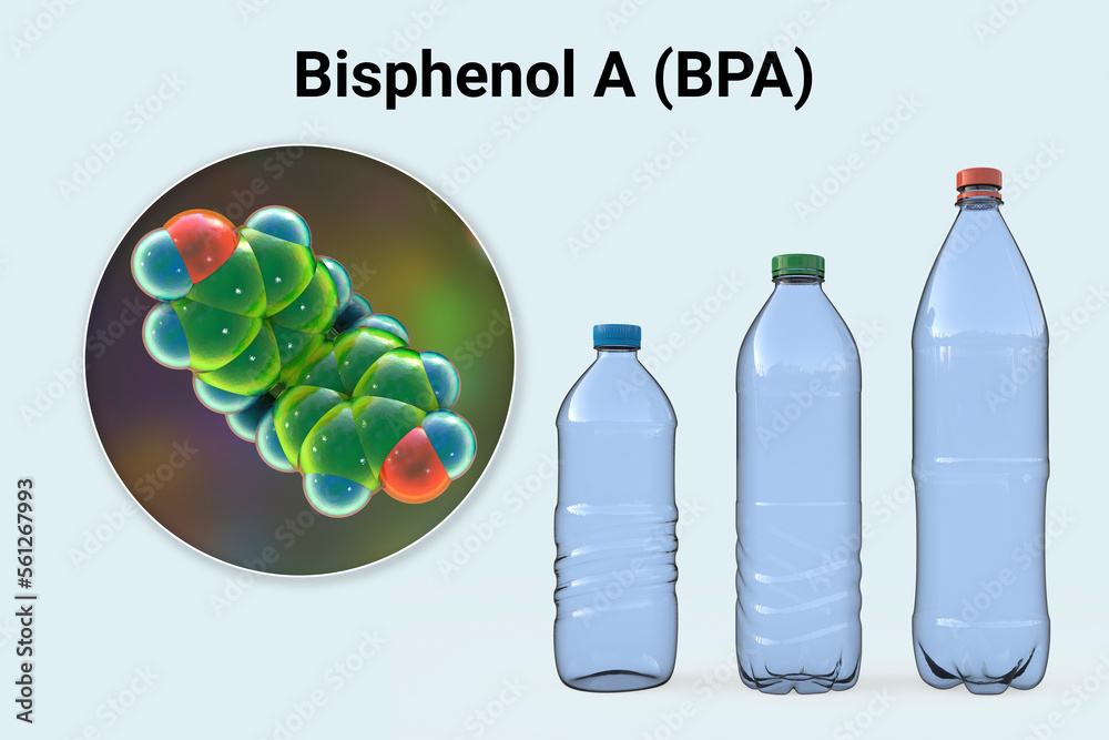 Bisphenol A molecule and plastic bottles, 3D illustration. Organic