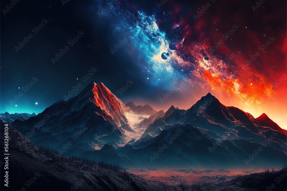 fantasy mountains with space sky AI