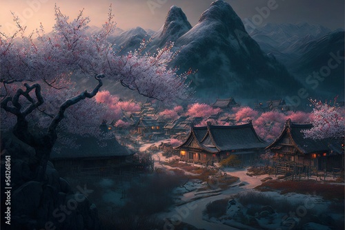 Chinese village during cherry blossom in the mountains AI