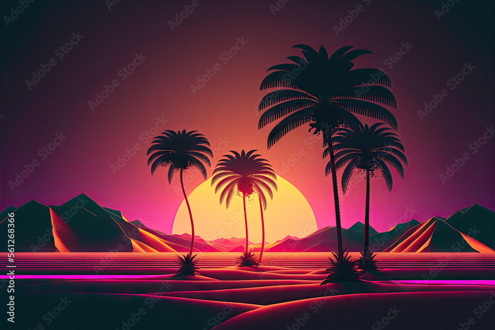 Naklejka premium Silhouette palm tree with sun sand and beach retro tone color background. Summer vacation concept. Generative AI
