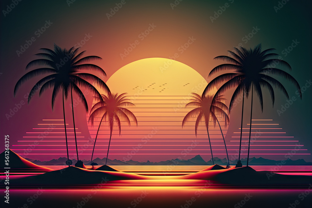 Silhouette palm tree with sun sand and beach retro tone color background. Summer vacation concept. Generative AI