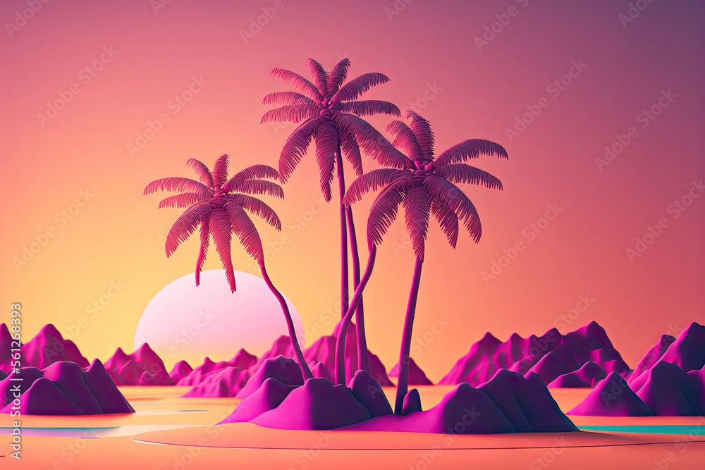 Silhouette palm tree with sun sand and beach retro tone color background. Summer vacation concept. Generative AI