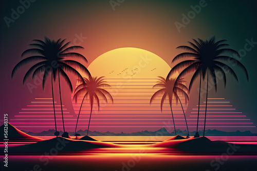 Silhouette palm tree with sun sand and beach retro tone color background. Summer vacation concept. Generative AI © tonktiti