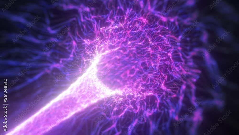 Abstract purple tunnel swirling from lines and particles of triangles glowing futuristic hi-tech with a blur effect on a dark background. Abstract background. Video in high quality 4k, motion design