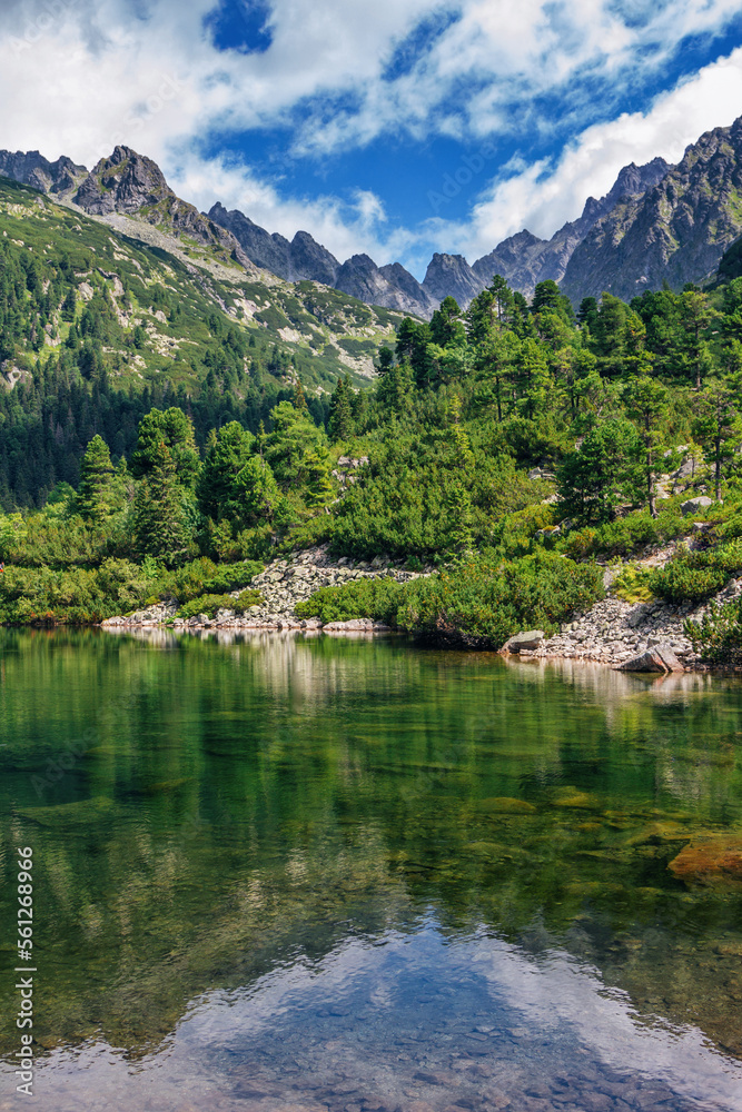 Beautiful summer landscape of High Tatras, Slovakia - Poprad lake, lush forest, rocks in pure water, mountains and white clouds on the sky