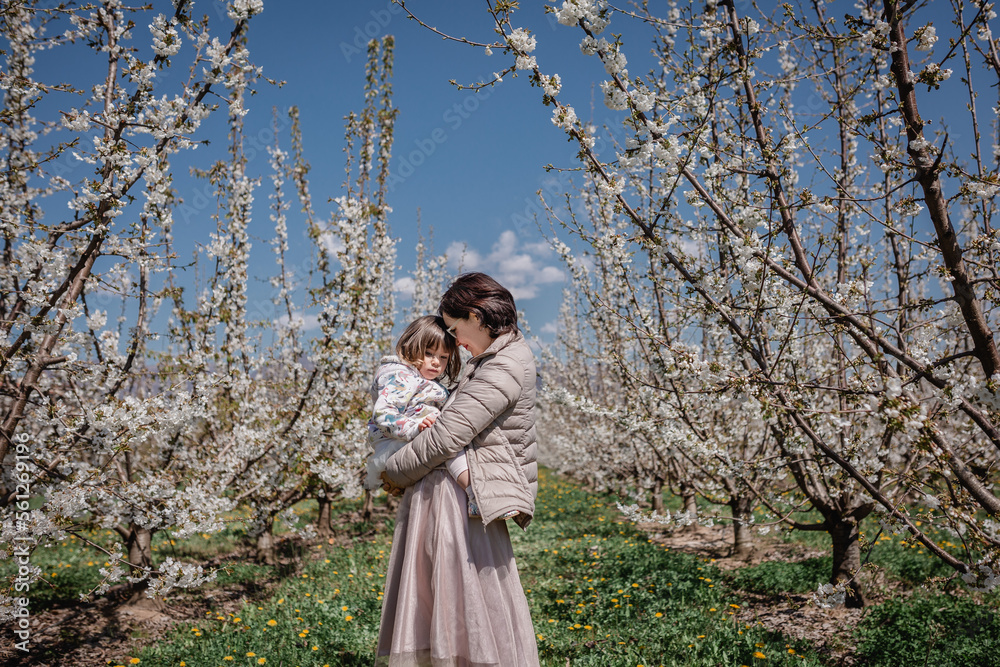 Mother holds child in blooming cherry garden Mother holds child in blooming cherry garden