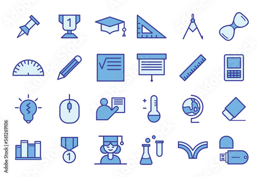 Educational icons packs in style (blue color). 
This collection includes for mobile, web, or site design applications. Illustration