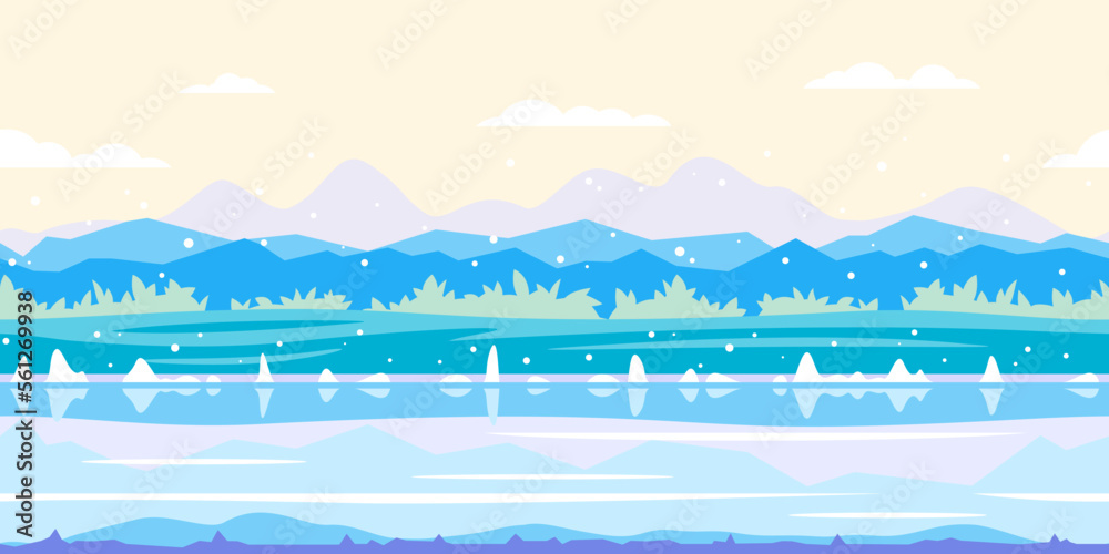 Green bushes near the river shore and mountains in distance, ground with plants, fishing place, nature game background in simple colors and flat style, tileable horizontally
