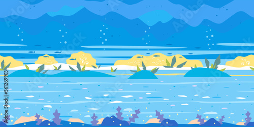 Underwater landscape ocean floor with different plants, nature game background in simple colors and flat style, tileable horizontally