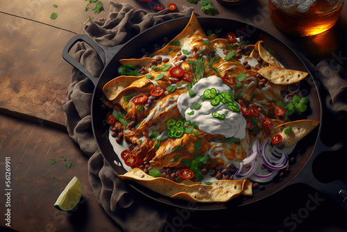 In a close up shot, spicy Mexican chicken, nachos, and fresh herbs are served in a rustic skillet with cream drizzled over them. Generative AI photo