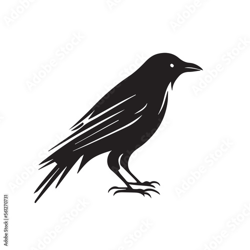 Crow minimal black and white vector illustration icon. Black bird with feathers and dark beak. Minimalistic tattoo idea. Modern company logo. Silhouette of raven. Isolated mascot idea. Vector element