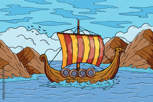 Viking boat at sea. Swedish warship. Longship with oars. Cartoon scandinavian sailboat. Nordic Drakkar