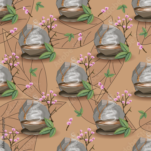 Endless tea pattern. seamless pattern with cup of tea, cherry blossoms and rosary.