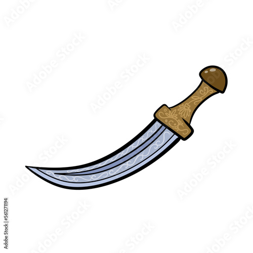 Arab dagger with curved blade. Omani culture and weapons. Yemeni knife with ornament. Flat illustration isolated on white.