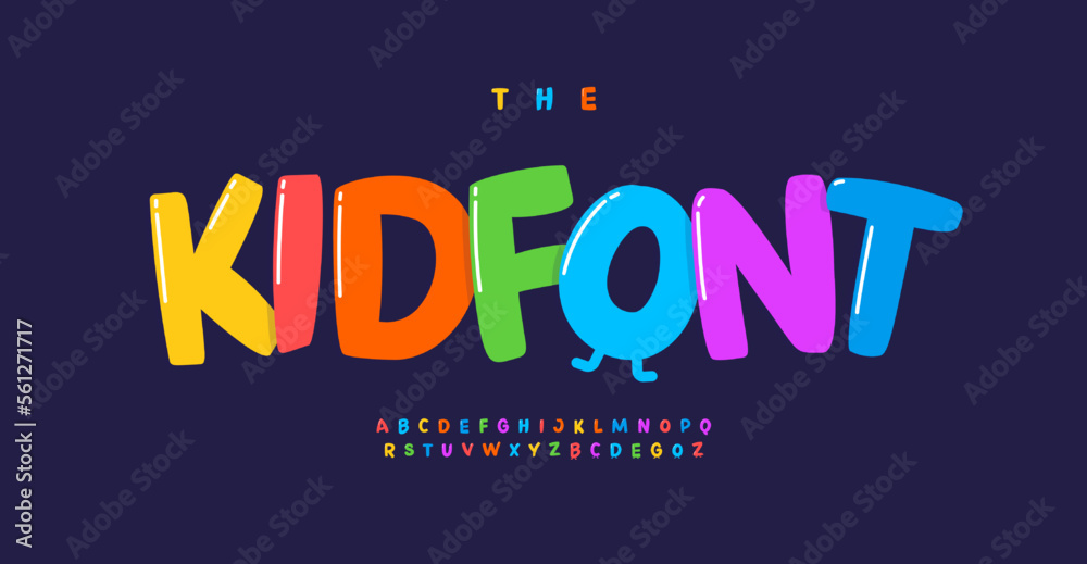 Kid font cartoon letters joyful alphabet. Childish playful color typographic design. Regular uppercase glared type. Vector typography