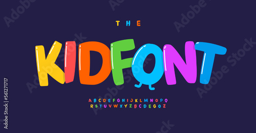 Kid font cartoon letters joyful alphabet. Childish playful color typographic design. Regular uppercase glared type. Vector typography photo