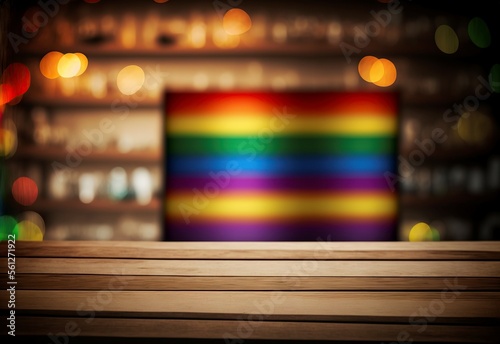 Miami bar background with empty table for product display, blurred interior background, colored rainbow colored lights, LGBT Pride. Rainbow flag, gay and lesbian symbol, ai generated image © Jorge Ferreiro