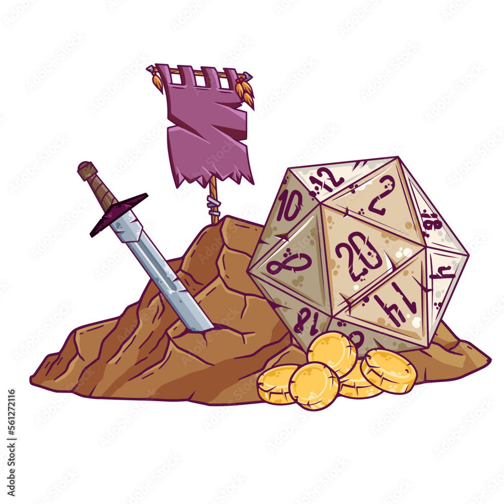 Dungeon and dragons board game. Dice d20 and cartoon cave entrance