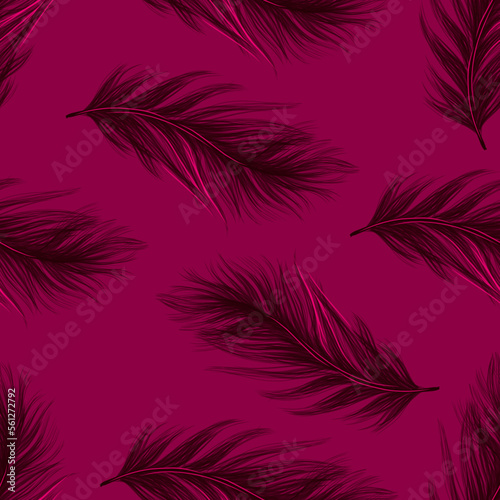 A chic pattern of feathers on a magenta background.mystical theme..