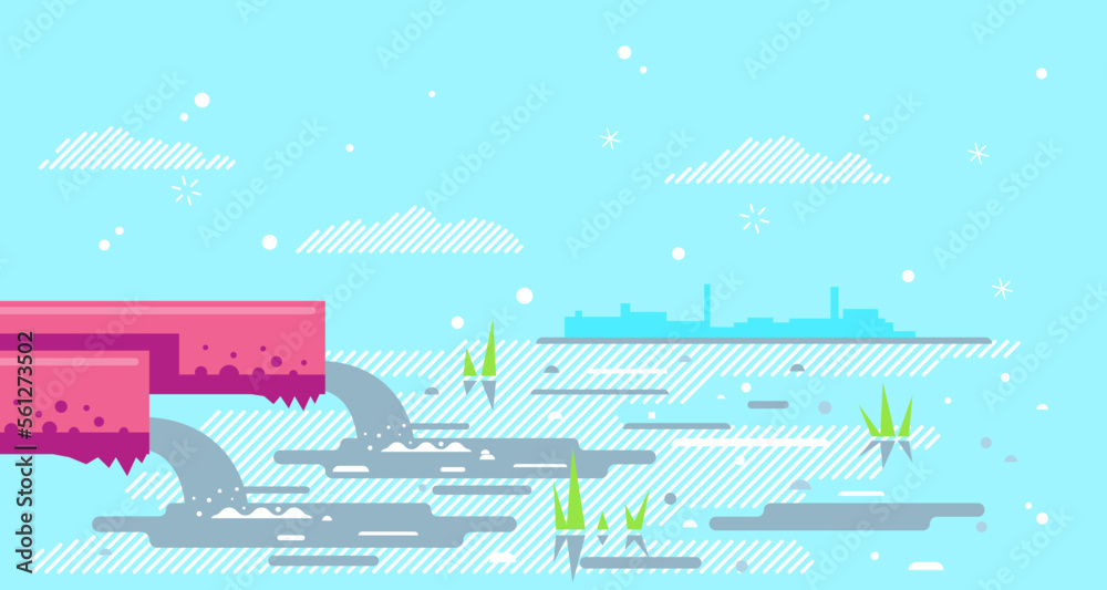 Water pollution from industrial pipe concept illustration background in flat style, two red pipes drain the waste water into river, ecological disaster, dirty toxic effluents, environmental pollution