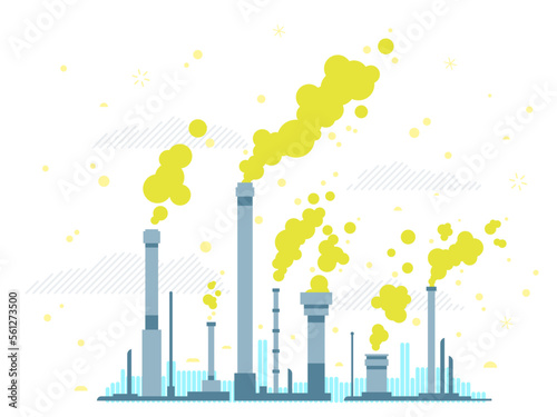 Air pollution conceptual illustration background in flat style, gray pipes with green toxic smoke on white background, environmental pollution, industrial pipes with smoke