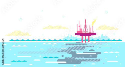 Ocean pollution with crude oil from oil platform, oil in sea water ecological disaster concept illustration, environmental pollution, trash in seawater