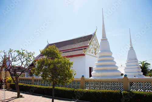 Ancient old chedi stupa and antique ubosot ordination hall for thai people travelers travel visit respect praying blessing wish mystery worship in Wat Toom pagoda or Tum temple in Ayutthaya, Thailand photo