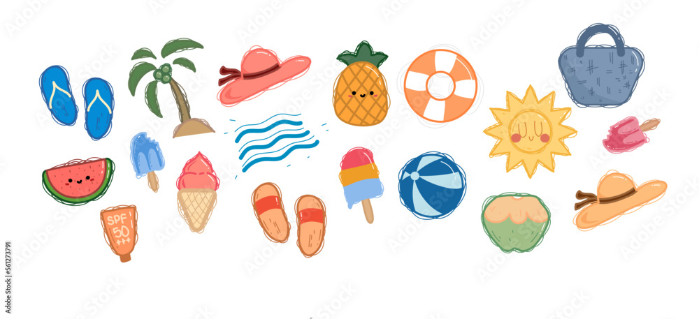 Set of cute summer elements: Beach waves, ice cream, ice cream cone, watermelon chunks, pineapple, coconut, hat, bag, sandals, flip flops, ball, life jacket, sun, sunscreen
