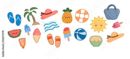 Set of cute summer elements: Beach waves, ice cream, ice cream cone, watermelon chunks, pineapple, coconut, hat, bag, sandals, flip flops, ball, life jacket, sun, sunscreen