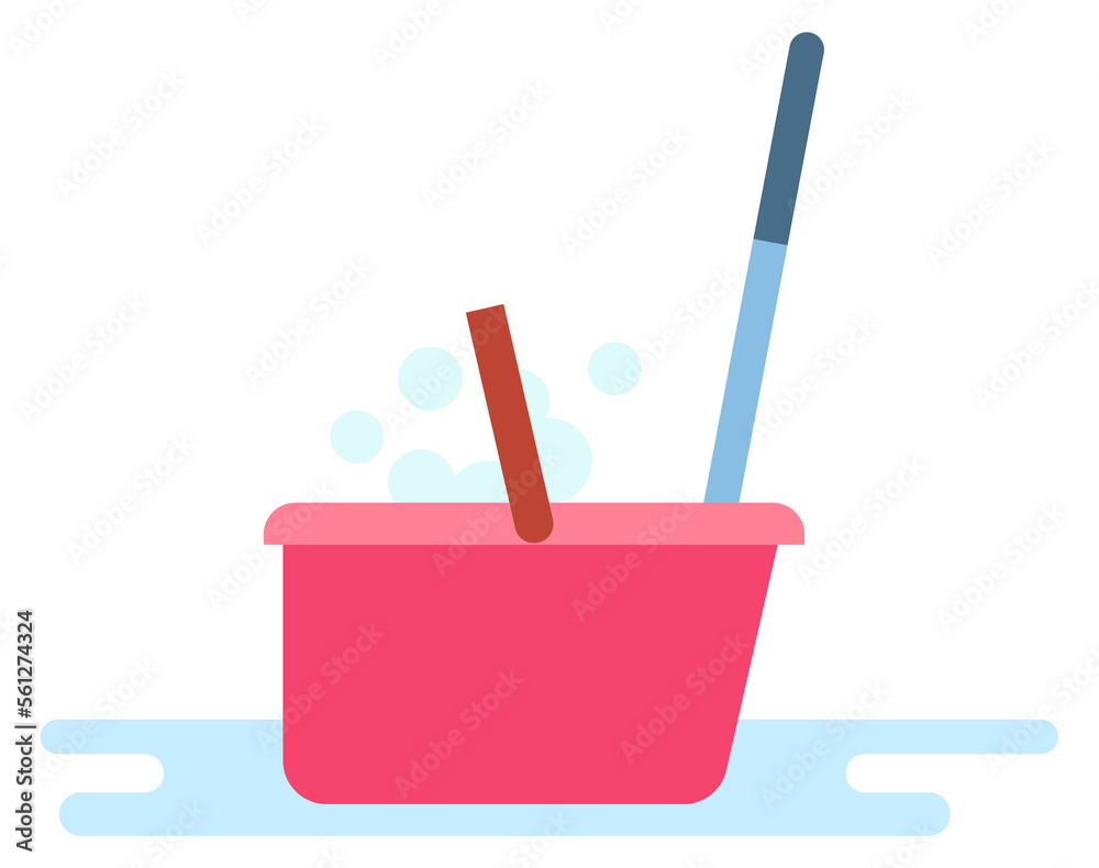 Plastic basin with cleaning tools. Housework icon Plastic basin with cleaning tools. Housework icon