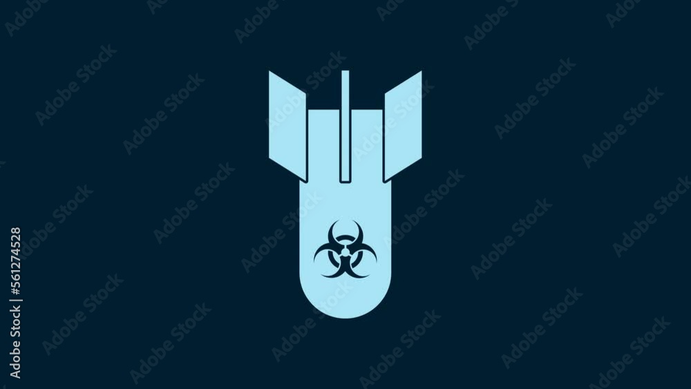 White Biohazard bomb icon isolated on blue background. Rocket bomb flies down. 4K Video motion graphic animation