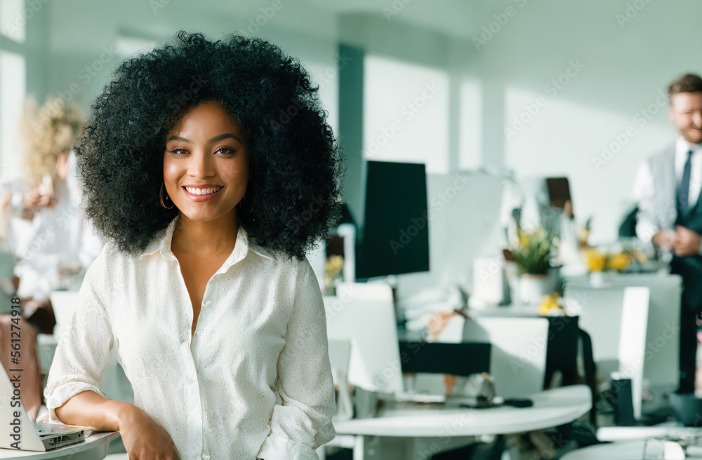 Confident black businesswoman smiling while standing at office Confident black businesswoman smiling while standing at office