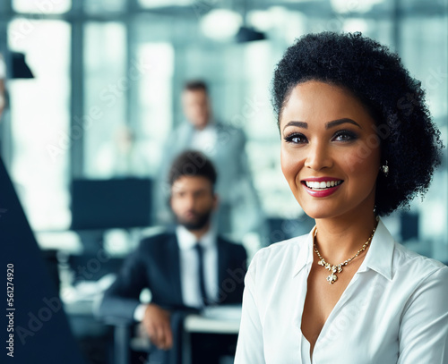 Confident businesswoman smiling while standing at office