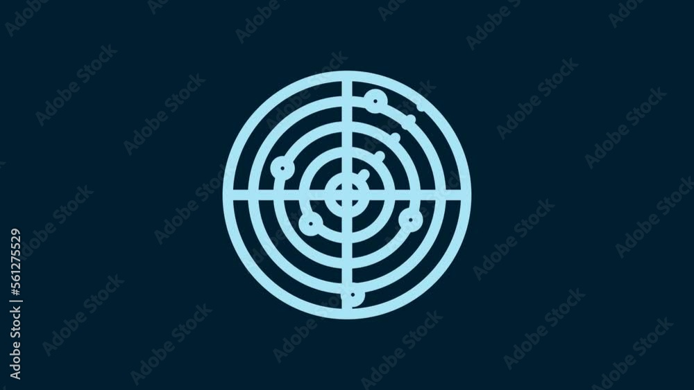 White Radar with targets on monitor in searching icon isolated on blue background. Military search system. Navy sonar. 4K Video motion graphic animation White Radar with targets on monitor in searching icon isolated on blue background. Military search system. Navy sonar. 4K Video motion graphic animation