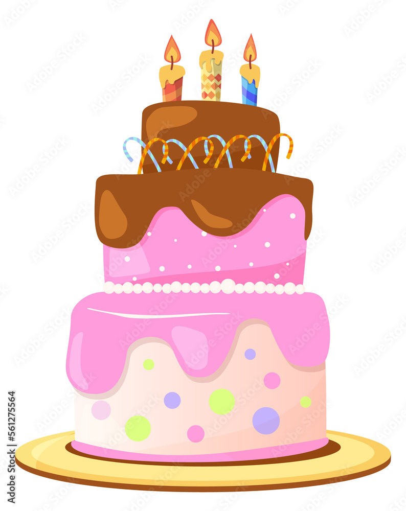 Pink birthday cake with chocolate dripping on plate. Cartoon icon Pink birthday cake with chocolate dripping on plate. Cartoon icon